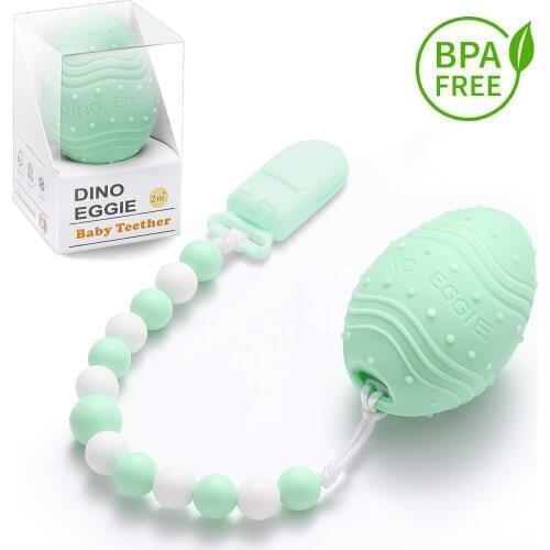 Dino Eggie Baby Teether, Egg-Shaped Teething Toy with Clip, BPA-Free, CPSC Lab Tested and Approved, for Infant Boys Girls 3-12M