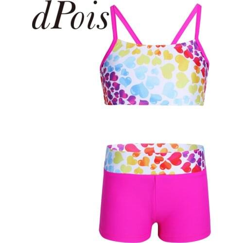 Two Piece Kids Girls Tankini Swimsuit Heart Shaped Pattern Bowknot Back Swimwear Bathing Suit Tops and Bottoms Set Sport Costume