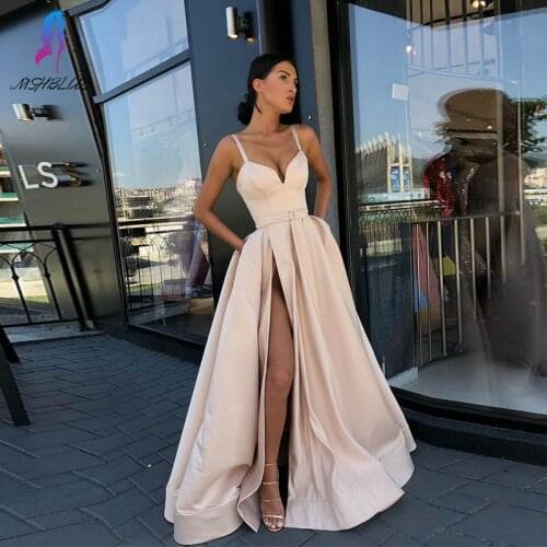Khaki Long Prom Dresses Straps Satin Formal Gowns Dress Right Slit MSHBLUE