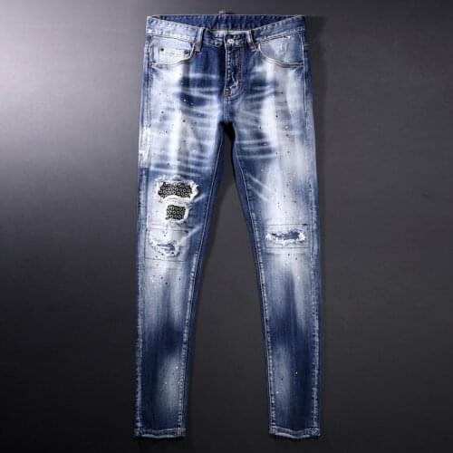 American Streetwear Fashion Men Jeans Retro Blue Distressed Ripped Jeans Men Brand Designer Patchwork Hip Hop Punk Denim Pants