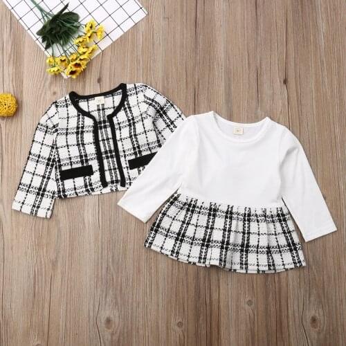 2Pcs Baby Newborn Girls Fashion Paid Set Long Sleeve Outwear Patchwork O Neck Dresses Autumn Spring Party Outfits 0-6 Years