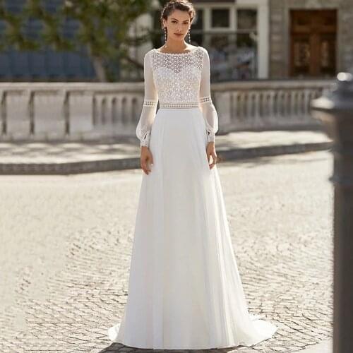 Sexy Wedding Dresses Chiffon Appliques Pleat Bateau Full Sleeve Backless A-Line Bridal Gowns Novia Do 2021 New