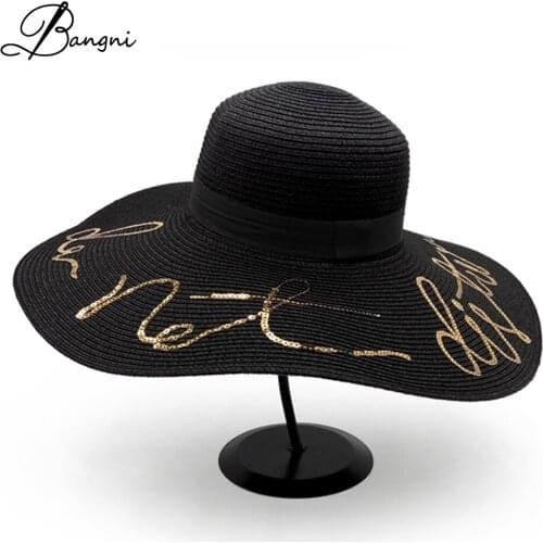 Summer Women Wide Big Brim Sun Hats Floppy Beach Hat Sequin Letter Straw Casquette Chapeau Femme Black Ribbon Sombrero Gorro