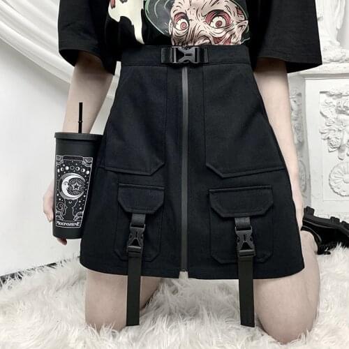 Summer A-line Mini Punk Bag Buckle Skirts Harajuku Grunge Cargo Black High Waist Skirt Streetwear Gothic Women Skirts