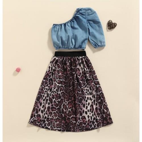 2-7Y Fashion Kids Girls Clothes Sets 2pcs Denim Long Sleeve One Shoulder Tops Leopard A-Line Skirts