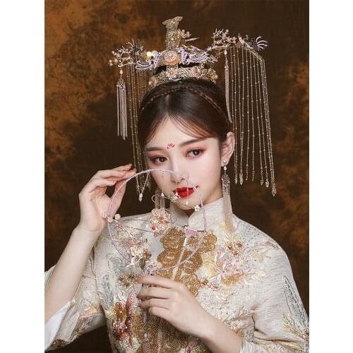 NiuShuya Luxurious Chinese Traditional Phoenix Coronet Long Tassel Hairwear Cheongsam Bridal Headdress Wedding Hair Accessories