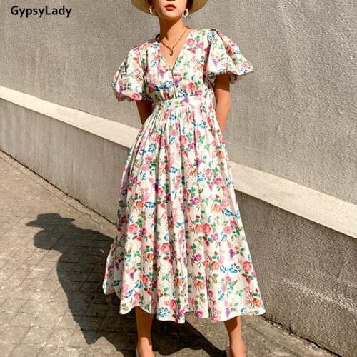 GypsyLady 100% Cotton Floral Maxi Dress Boho Summer Holiday Beach Women Dress V-neck Lantern Sleeve Sexy Chic Ladies Women Dress