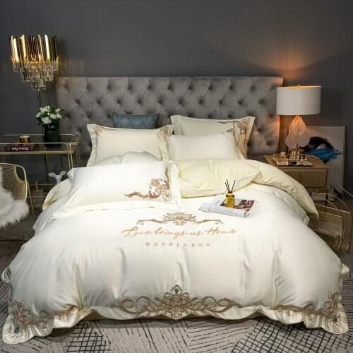 Luxury Milk White Embroidery 60S Washed Silk Cotton Duvet Cover Bed Linen Fitted Sheet Pillowcases Bedclothes King Queen Size