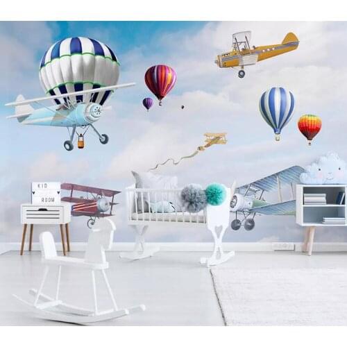 Custom Nordic simple hand painted cartoon aircraft balloon childrens room background wall