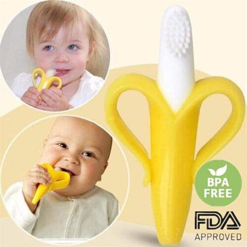 Baby Teether Toys 100% Safe BPA Free Banana Ring Teething Silicone Chew Dental Care Toothbrush Nursing Newborn Gifts For Infant