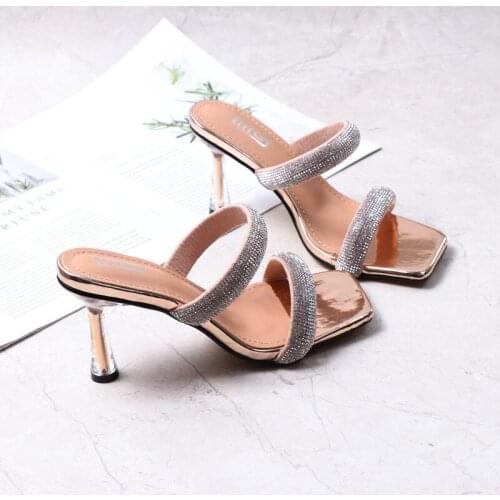 Bling Chain Women Sandals High-Thin-Heel Rivet Open-Toes One Word Slippers Fashion Casual Sexy All-Match Women Shoes