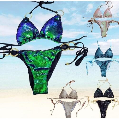 Sexy Women Glitter Sequin Triangle Bikini Swimsuit Set Bandage Sling Halter Bathing Suit Beach Sequin Bikini Swimwear S/M/L