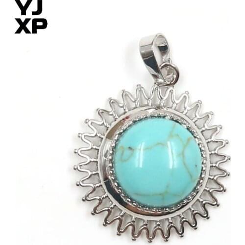 YJXP Trendy Silver Plated Round Sunflower Shape Green Turquoises Stone Pendant Plant Jewelry
