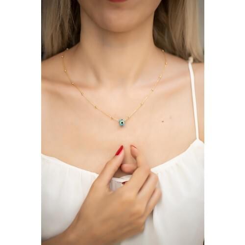 İzla Design 5555 Blue Amulet Model Gold Plated Bulk Chain Silver Necklace