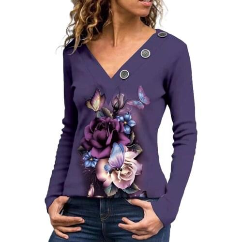 40# V-neck Floral Printed Slim Blouse Women Elegant Long Sleeve Casual Shirt Top Blouse With Bottons Bodycon Blouses Shirts