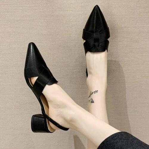 2021 Summer Woman Sandals Pointed Toe Mules Weave Med Heels Pumps Black Sexy Yellow Slippers sandalias mujer Slingbacks 9022L