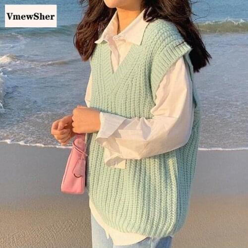 VmewSher New Spring Solid Green Women Vest Fashion V Neck Sleeveless Sweater Fashion Autumn Knitted Pullover Plain Jumper Tops