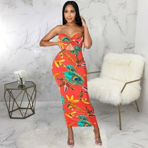 Off The Shoulder Feather Print Long Party Dress Women Strapless Hollow Out Front Skinny Dress Sexy Backless Split Sundress Hot
