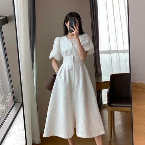 White Puff Sleeve Dress Party High Waist Jacquard Long Dress Elegant O Neck Women Midi Dresses Front Zipper Short Sleeve Dresses