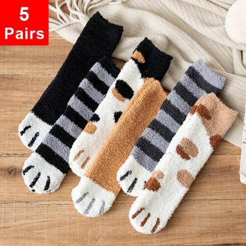 5 pairs of thick womens socks Cute sweet plus velvet cartoon cat paw socks Student college style Coral fleece tube girl sock