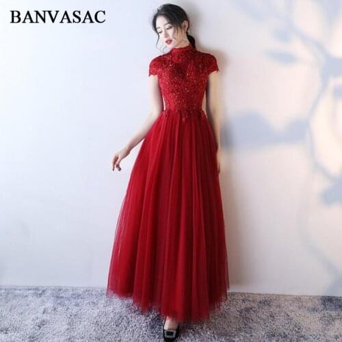BANVASAC 2018 Sequined High Neck Lace Appliques Long Evening Dresses Vintage Party A Line Short Sleeve Prom Gowns