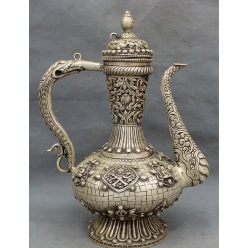 Fast shipping USPS to USA S1501 14" Tibet Silver Buddhism Shakyamuni Buddha Dragon Head Statue Teapot Wine Pot