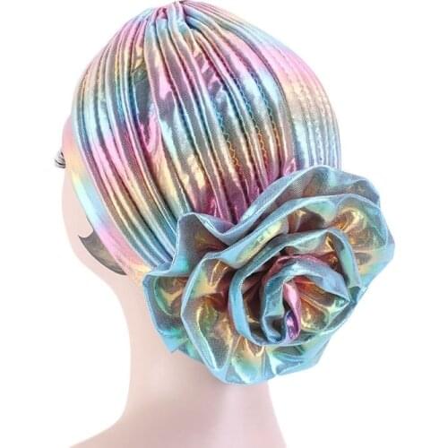 Headwear Muslim Bandans Fashion Ladies Laser Big Flower Headband Hat Turban Hijab Cap Acessories Hair Care Wedding Party