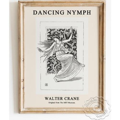Walter Crane Exhibition Museum Poster, Dancing Nymph Black White Sketch Canvas Painting, Fairy Elf Illustration Wall Art Decor