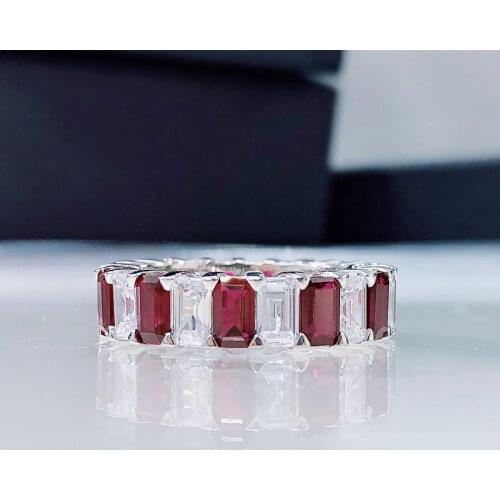 2021 New 925 Sterling Silver Silver Ring Emerald Cut Red High Carbon Diamond Rectangular Row Ring for Women Wedding Bithday Gift