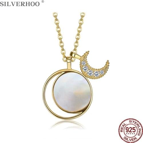 SILVERHOO 925 Sterling Silver Shiny Moon Golden Chain Necklace Charms Round Pearl Shell Pendant Necklaces For Women Jewelry