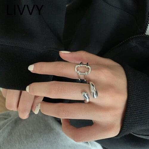 LIVVY Silver Color Minimalist Oval Hollow Geometric Trendy Rings For Women Birthday Party Water Drop Jewelry Gifts