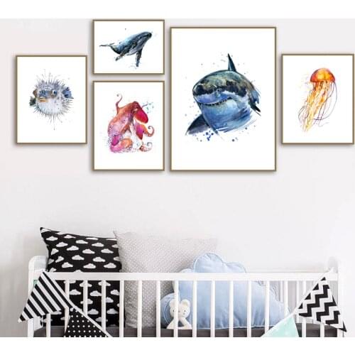 Whale Shark Jellyfish Octopus Dolphin Fish Nordic Posters And Prints Wall Art Canvas Painting Wall Pictures Baby Kids Room Decor