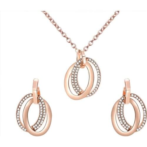 New Fashion Hollow Double Oval Ring Sweet Romantic Jewelry Alloy Set Rhinestone Wedding Necklace Earrings Gift
