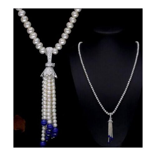 Hot sell luxury Noble jewelry New AAA 7-8mm+3-4mm white natural freshwater pearl Necklace/ Sweater chain