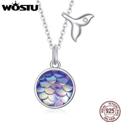 WOSTU 925 Sterling Silver Fishtail Scale Necklace Colorful Dazzling CZ Long Chain Link Necklace For Women Fashion Jewelry CQN448