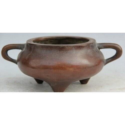 Song voge gem S2167 9" Chinese palace Purple Bronze circular 3 Foot Boy handle Incense Burner Censer