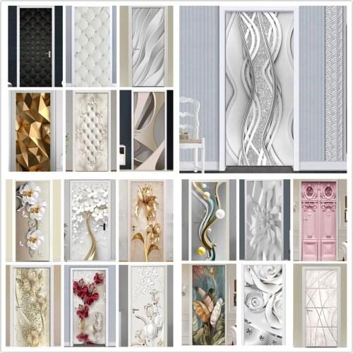 PVC Door Sticker Modern 3D Abstract Fashion Line Silver Pearl Wallpaper Living Room Art Door Poster Self-Adhesive Mural Stickers