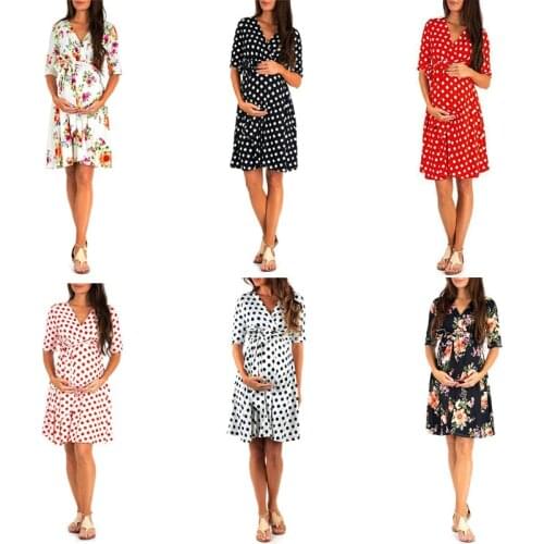 Plug Size Adjustable Waist Belt Maternity Dress Surplice Wrap V Neck Nursing Dress Floral Dots Breastfeeding Pregnant Clothes