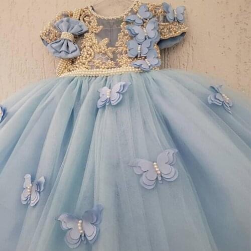 Luxury Pearls Flower Girls Dresses Princess Ball Gown Illisuion Jewel Neck Short Sleeves Butterfly Lovely Birthday Skirt