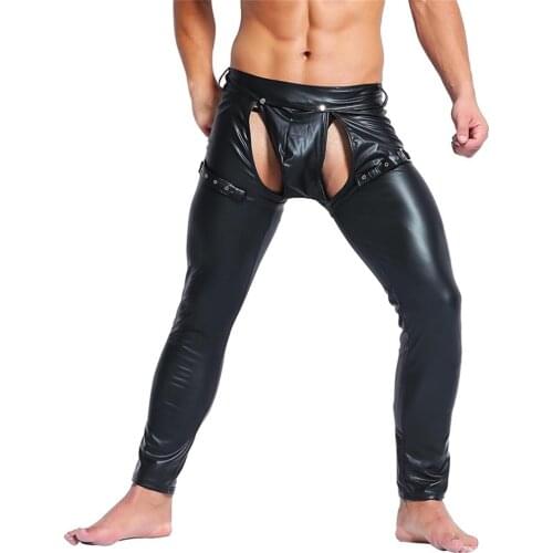 Sexy Mens Faux Leather Skinny Tight Pants Clubwear Legging Nightclub Trousers Mens PU Leather Black Dancer Open Front Long Pants