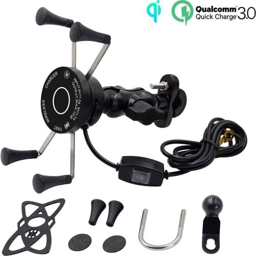 YPAY 2 in 1 Wireless charger Aluminum Motorcycle Phone Holder QC3.0 Quick charge Moto Bracket Stand for 4-6.5 inch Phone Mount