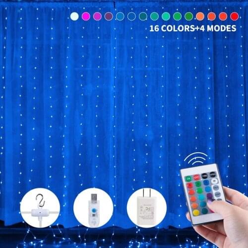 NEW 3*3m 300 RGB Led Curtain Lights Strings with USB Port Remote Control Decor Christmas Decorations 16 Color Fairy Tree Lights