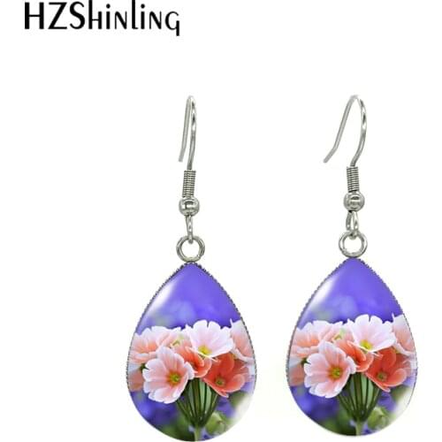 Evening Primrose Flowers Glass Cabochon Tear Glass Drop Pendants Stainless Steel Earrings Jewelry