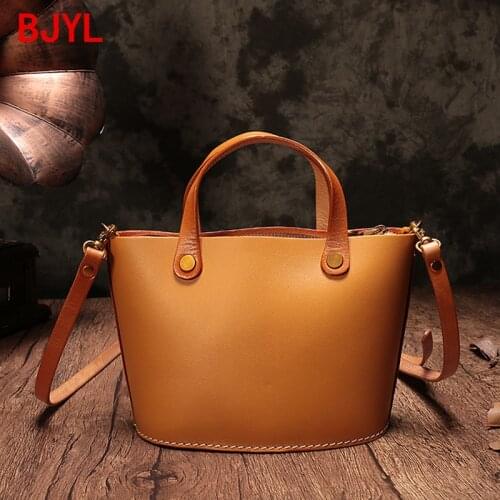 Genuine Leather Women Handbag 2020 New Female Vintage Leather Bucket Bag Niche Handmade Small Shoulder Messenger Bags Ladies 266