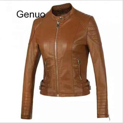 Faux Leather Jacket Women Spring Black Color Washed PU Leather Short Jacket Mandarin Collar Zippers Slim Ladies Coats