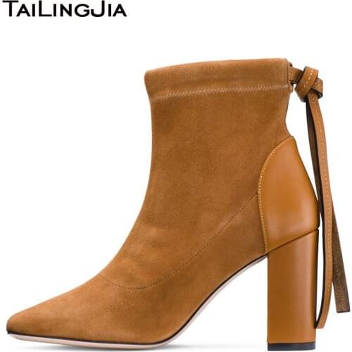 2019 Round Toe Brown Sock Boots for Women Block High Heel Black Stretch Faux Suede Ankle Boots Ladies Chunky Shoes Wholesale