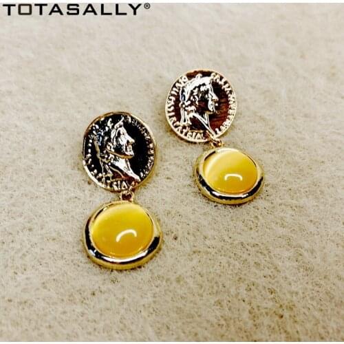 TOTASALLY Yellow stone Dangle Earrings for Women Classic Vintage Coin Cat Eye Stone Statement Earring Fashion Lady Gifts Jewelry