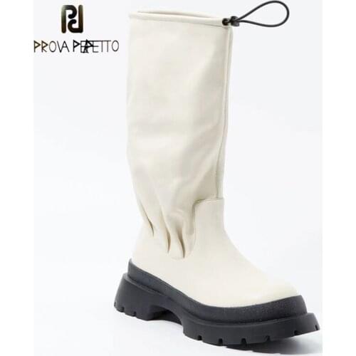 White Stacking Boots Womens Round-toe Platform Platform All-match High Boots Elastic Mouth Folds But Knee Boots Niche Boots