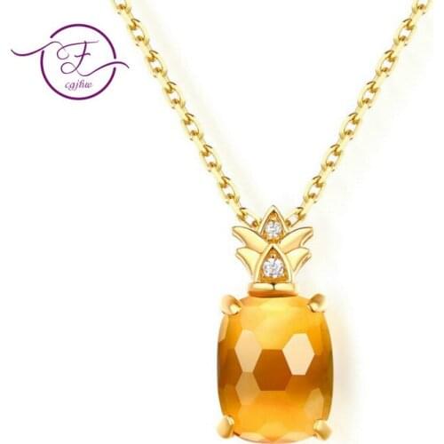 Sweet Pineapple Pendant Casual Natural Citrine S925 Sterling Silver 9K Gold Pendant Womens Necklace Fine Jewelri