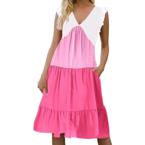 Women Dress Casual Midi Dress Color Block V Neck Women Sleeveless Ruffle Pockets Cake Dress Stylish Vestidos Casual Robe 2XL